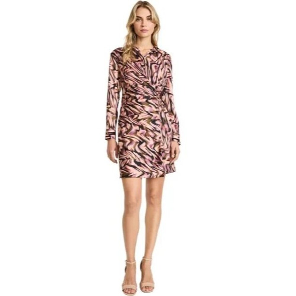Donna Morgan Women's Satin Wavy Printed Tie-Waist Shirtdress Black Multi 2